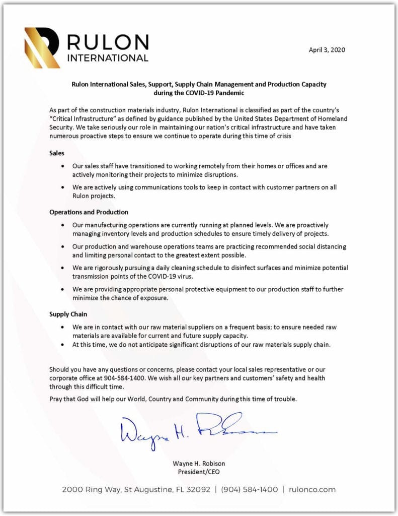 Letter from President/CEO Wayne H. Robison regarding business operations during the COVID-19 pandemic